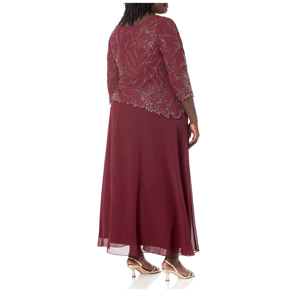 J Kara Women's 3/4 Sleeve Beaded Mock 2 Piece Dress Cranberry/Multi 12P - Picture 4 of 12